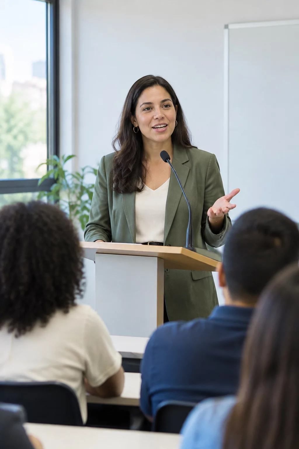Aluna apresentando para a turma em uma aula de oratória