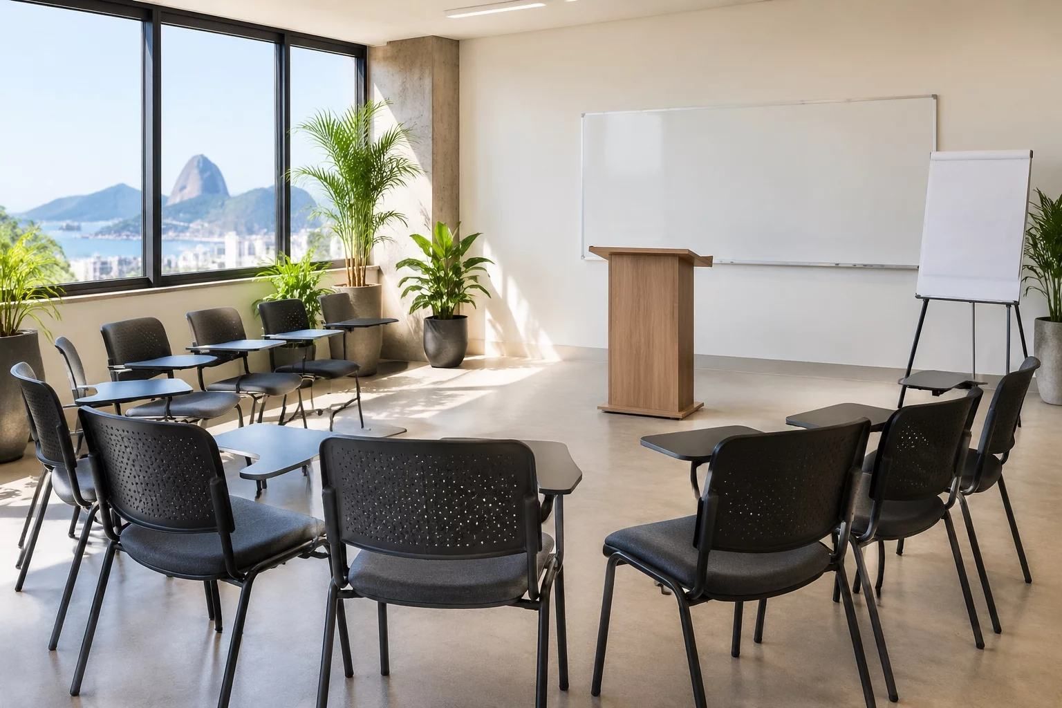 Sala de aula da escola arrumada para a turma